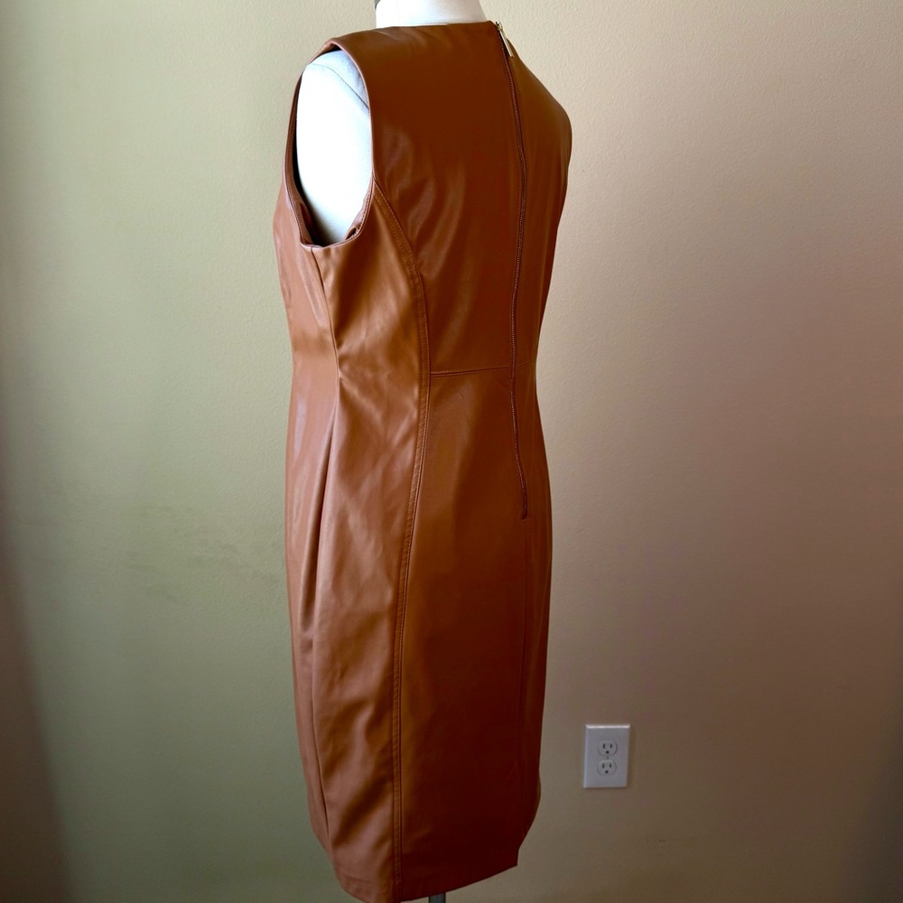 CALVIN KLEIN Sleeveless Faux Leather Dress Size 14 Camel Tan - Picture 7 of 15